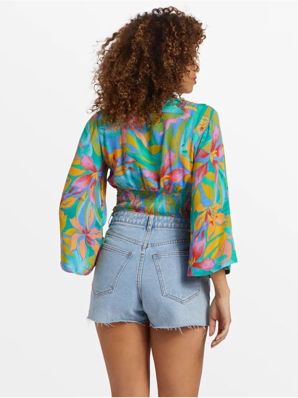 🌺 NWT Billabong Summer Heat Tropical Twist-Front Bell Sleeve Crop Top Size Med - Picture 5 of 8